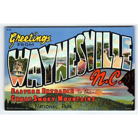 Greetings From Waynesville North Carolina Large Letter Linen Postcard Nat. Park - Picture 1 of 2